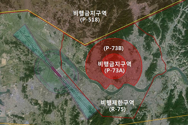 ▲ 서울을 중심으로 한 수도권 일대의 비행제한 및 금지구역. ⓒ국토교통부 자료