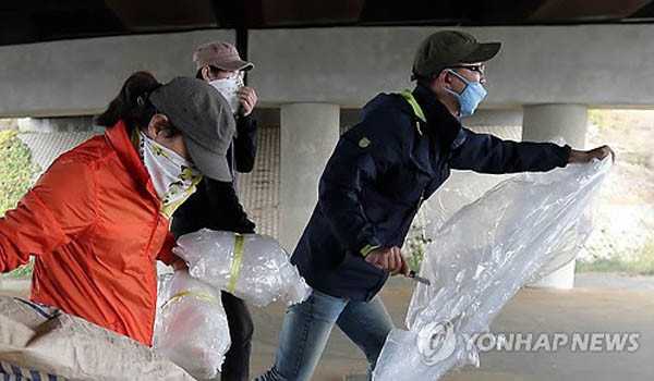 ▲ 지난 25일, 대북전단보내기연합 등이 북으로 날려보내려던 전단과 풍선을 훼손하는, '자칭 진보단체'의 대학생 회원들. ⓒ연합뉴스. 무단전재 및 재배포 금지.