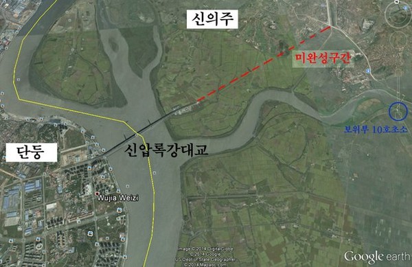 ▲ google_map_bridge-800.jpg 구글 어스(Google Earth)에서 본 신압록강 대교 주변 (2014년 9월 24일 촬영).  Photo courtesy of Google Earth