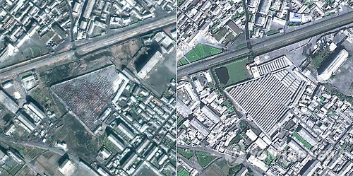 ▲ 사진은 북한 강원도 원산시 장마당의 2002년(왼쪽)과 2009년의 달라진 모습 ⓒ 연합뉴스, 무단전재 및 재배포금지