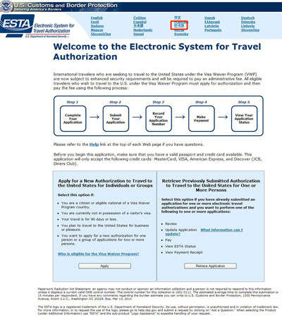 ▲ '비자면제 프로그램(VWP)'을 이용해 미국을 방문할 때 사전등록해야 하는 홈페이지. ⓒ美대사관 관련 화면 캡쳐.