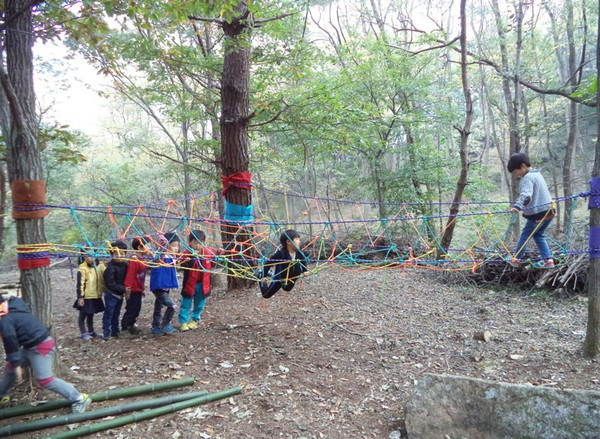 ▲ 칠곡군 어린이집 아이들이 호이 유아숲 체험원에서 밧줄놀이를 하며 즐거워 하고 있다.ⓒ칠곡군 제공