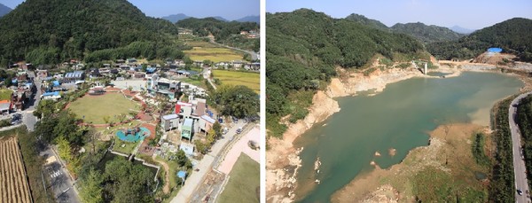 ▲ 고령군 덕곡면 예마을 전경(왼쪽),덕곡댐은 댐 호수에 가야산의 아름다운 풍광이 내려앉아 있어 산책(5㎞) 하기에 좋다.ⓒ고령군 제공