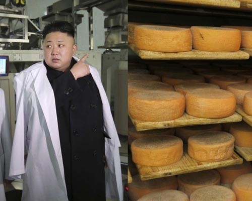 ▲ 이게 내 껀가?" 김정은이 평양 유기공장을 찾아 에멘탈 치즈를 가리키는 모습. 에멘탈 치즈 중독증 수준이라고 한다. [사진: 북한매체 캡쳐]