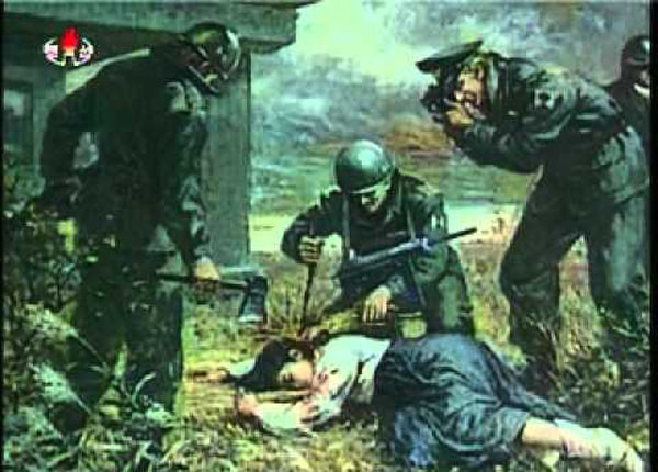 ▲ 북한 김씨 왕조가 '미군의 대규모 양민학살 자료'라며 황해남도 신천박물관에 전시 중인 그림. ⓒ北선전매체 보도화면 캡쳐