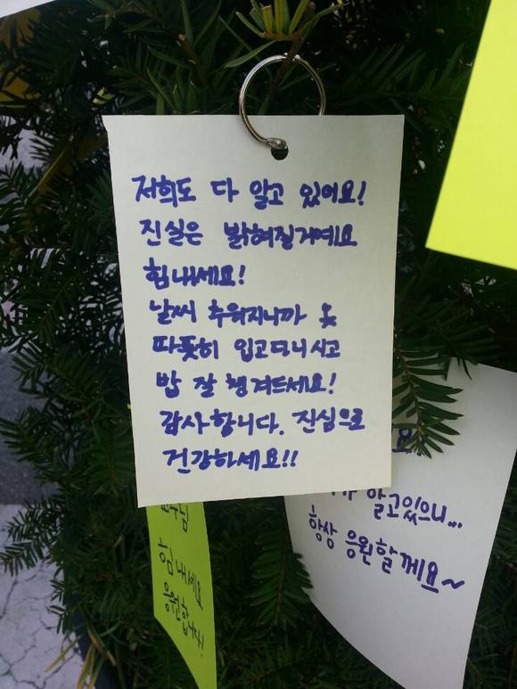 ▲ 특강에 참여한 한 학생이 해직교수들의 부당함을 알리는 편지를 써 나무에 걸었다.ⓒ뉴데일리경제