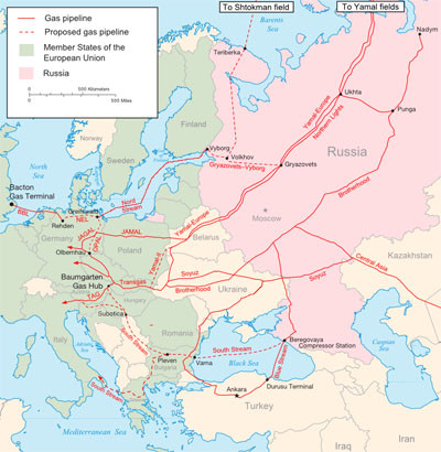 ▲ 현재 러시아가 유럽 지역에 공급하는 천연가스망 지도. ⓒ위키피디아 공개사진