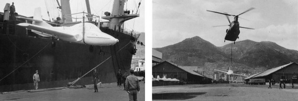 ▲ 1973년 6월 6일 부산항 제3부두에 도착한 T-37C 훈련기 최초 도입분을 하역하는 모습(좌측)과  헬기를 이용하여 김해기지로 공중수송하는 장면(우측) ⓒ공군