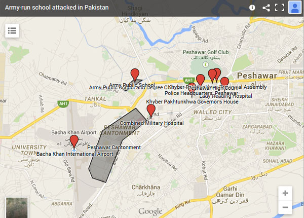 ▲ 파키스탄 탈레반에게 테러를 당한 페샤와르州의 육군 공립학교 인근 지도. ⓒ알 자지라 보도화면-구글어스 캡쳐