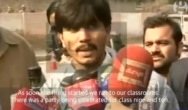 ▲ 파키스탄 탈레반의 학교 테러 이후 생존자와 현지 언론 간의 인터뷰 모습. ⓒ英가디언 보도화면 캡쳐