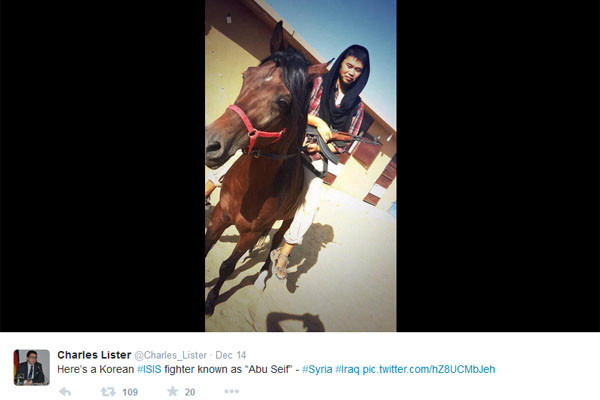 ▲ 찰스 리스터 연구원이 올린 문제의 트윗. 'Korean'이라는 설명만 달려 있다. ⓒ찰스 리스터 트위터 캡쳐