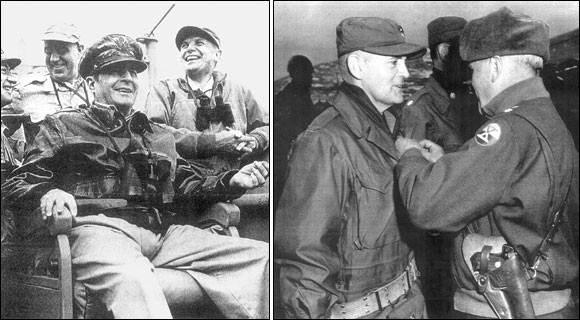 ▲ 인천상륙작전 시 마운트 매킨리호에 승선한 맥아더 사령관. 그의 뒤편 오른쪽이 알몬드 소장이다(왼쪽 사진). 알몬드 장군으로부터 훈장을 받고 있는 포니 대령.