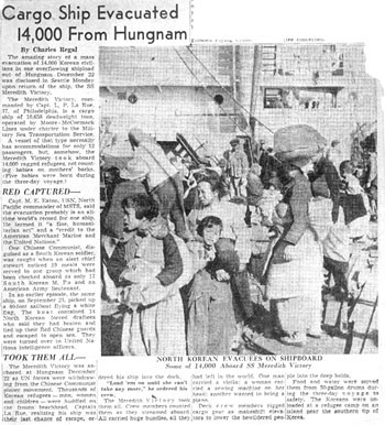 ▲ 1만4000명의 피란민을 구출한 메러디스 빅토리호가 미국 시애틀 항구로 돌아오자 시애틀 포스트 인텔리전스에 관련기사가 실렸다(1951년 1월).