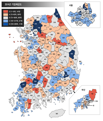 ▲ '기업체감도'를 나타낸 전국규제지도 ⓒ대한상의