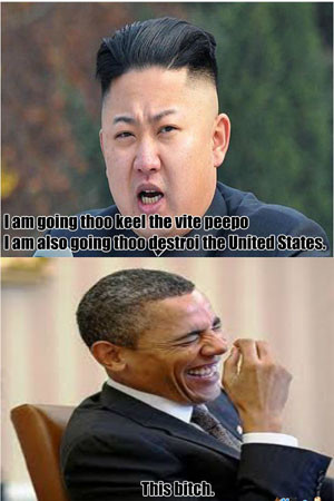 ▲ "난 우리를 헐뜯는 사람들을 죽여버릴 거다. 그리고 미국도 파.괘.한.다." 정은이가 '중2병'에 걸린 것 같은 발언을 하자 오바마 美대통령이 한 마디 한다. "이 미친 XX." 김정은 정권의 소니 해킹을 패러디 사진 한 장으로 표현하면 이렇다. ⓒ美패러디 사이트 OWNED 캡쳐