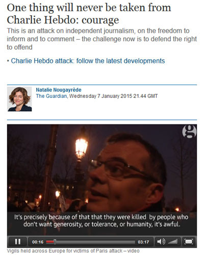 ▲ 英가디언 등 세계 주요매체들은 샤를리 엡도 테러 이후 파리 시민들이 벌이고 있는 '나도 샤를리다' 시위를 주요기사로 보도하고 있다. ⓒ英가디언 영상보도 화면 캡쳐