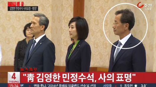 ▲ 국회 운영위 출석을 거부하고 사의를 표명한 김영한 청와대 민정수석. ⓒTV조선 방송화면