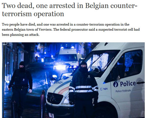 ▲ 15일(현지시간) 벨기에 공업도시에서는 대테러 작전이 펼쳐졌다. 이 작전으로 테러범 2명을 사살하고 1명을 체포했다고 한다. ⓒ독일 '독일의 소리(DW)' 방송 보도화면 캡쳐