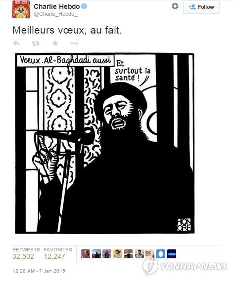 ▲ 이슬람 극단주의자에 테러를 당한 파리 주간지 '샤를리 에브도'(Charlie Hebdo)가 테러 시점을 전후해 7일(현지시간) 공식 트위터에 올린 트윗. 이슬람 극단주의 무장단체 '이슬람국가'(IS)의 최고지도자 아부 바크르 알바그다디의 만평과 "행운을 빈다"는 설명이 적혔다. 출처 샤를리 에브도 트위터 계정.ⓒ 사진 연합뉴스