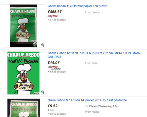 ▲ 한때 '샤를리 엡도' 한 부당 6만 파운드 넘는 가격의 경매가 펼쳐졌던 영국 이베이. 현재는 그나마 정상적인 경매가 이뤄지고 있다. ⓒ영국 이베이 경매화면 캡쳐
