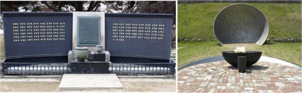 ▲ 철거된 추모비(左)와 그 자리에 설치된 '민족 혼 그릇'