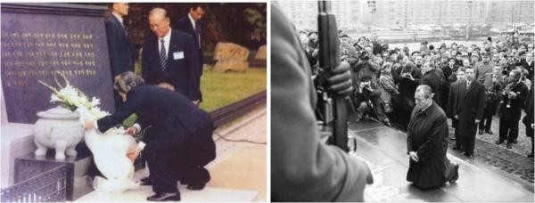 ▲ 2001년 서대문 독립공원 내 추모비에 무릎 굽혀 헌화하는 고이즈미 총리(左)와 1970년 폴란드 바르샤바에서 나치의 유태인 학살에 대해 사과하는 빌리 브란트 前 총리. (사진 출처: 左는《나의 꿈 나의 삶 서대문과 더불어》에서 직접 촬영, 右는 '위키피디아')