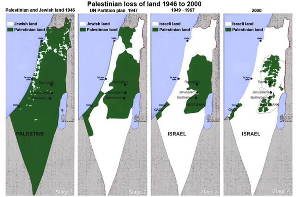 20세기 팔레스타인 땅의 변화. 아랍이 이스라엘과 전쟁을 벌일 때마다 팔레스타인 땅은 점점 줄어들었다. ⓒ'타임 오브 오스트' 화면 캡쳐