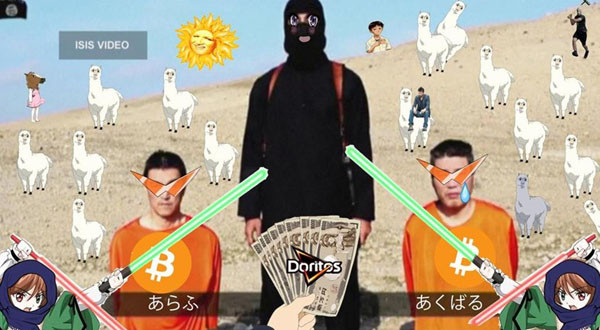 ▲ 테러조직 ISIS가 일본인 인질 2명을 살해하겠다는 협박 동영상을 공개한 뒤에도 일본인들의 반응은 시큰둥했다. 일부는 이처럼 온갖 패러디물을 만들어 전 세계 SNS에 뿌리고 있다. 이런 행동은 미국과 유럽 언론의 '연구대상'이 되고 있다. ⓒSNS에 떠도는 사진 캡쳐