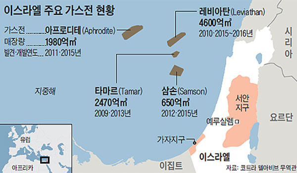 ▲ 2014년 4월까지 이스라엘 인근 해상에서 발견된 셰일가스전. ⓒ조선비즈 보도화면 캡쳐-코트라 자료제공