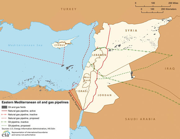 ▲ 현재 이스라엘, 요르단, 시리아 인근에 건설돼 있는 석유·가스 공급 파이프라인 지도. 앞으로는 이 지도가 바뀔 것으로 보인다. ⓒ美에너지정보처(IEA) 자료 캡쳐
