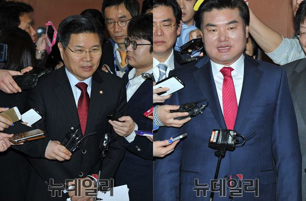 ▲ 새누리당 정책위의장에 출마한 홍문종 의원(왼쪽)과 원유철 의원. ⓒ뉴데일리 이종현 기자