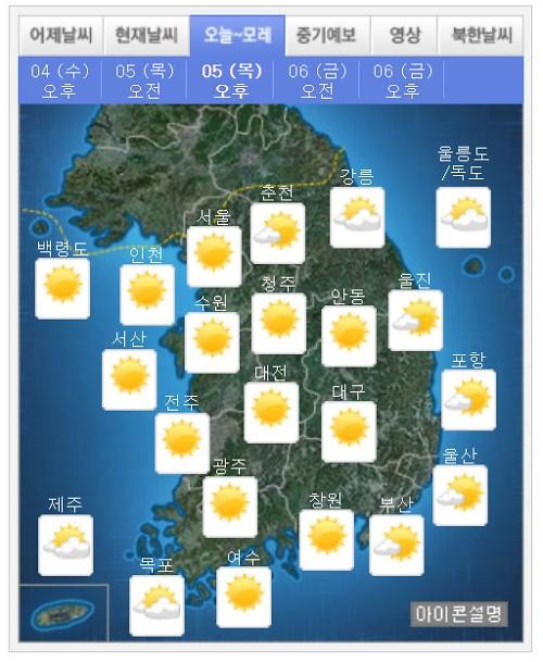 ▲ 5일, 바람이 강하게 불어 오늘보다 체감온도가 떨어질 것으로 보인다 ⓒ기상청