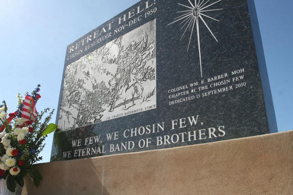 ▲ 지난 2010년 9월 15일 미국 캘리포니아주 펜들턴 해병대기지에 건립된 장진호 전투 기념비. ⓒ미국 국방부 사진DB