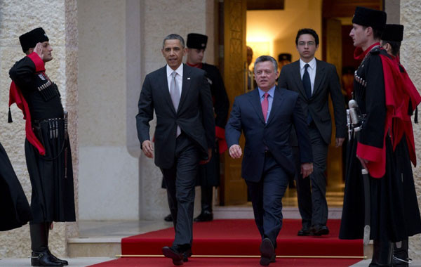 ▲ 요르단을 방문한 오바마 美대통령을 영접하는 요르단 국왕 압둘라 2세(右) ⓒ타임스 오브 이스라엘 보도화면 캡쳐