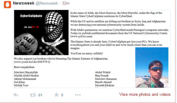 ▲ 美뉴스위크 트위터 계정을 해킹한 ISIS 해커가 남긴 오바마 위협 메시지. ⓒ뉴스위크 보도화면 캡쳐
