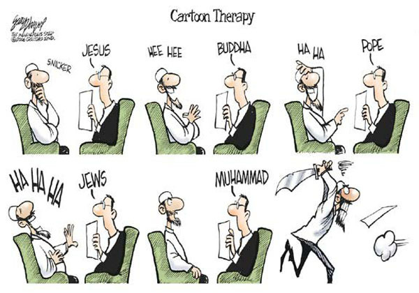 ▲ 타인을 풍자하는 것은 괜찮지만 이슬람 풍자는 범죄라는 '이중잣대'를 풍자한 해외 웹툰. 이 또한 협박을 받은 것으로 알려져 있다. ⓒ일릴리져스 닷컴 화면 캡쳐