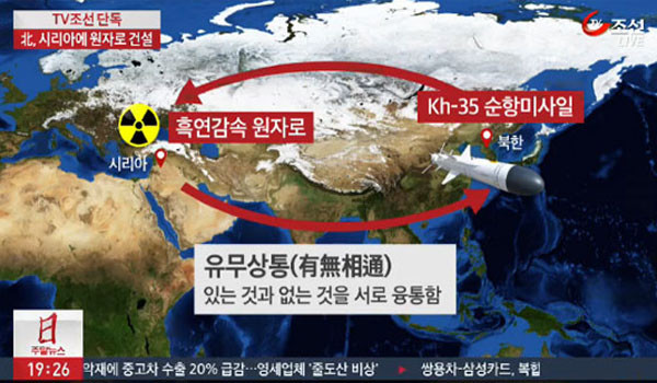 ▲ TV조선이 지난 15일 '대북소식통'을 인용, 북한이 시리아에 원전을 건설해준 대가로 Kh-35 크루즈 미사일을 도입했다고 보도했다. ⓒTV조선 보도화면 캡쳐