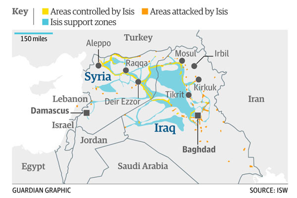 ▲ ISIS가 점령 중이거나 영향력을 발휘하는 이라크와 시리아 지역 지도. ⓒISW 자료-英가디언 보도화면 캡쳐