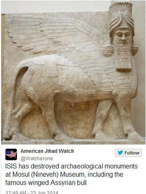 테러조직 ISIS는 이런 고대유물을 '우상숭배'라고 비하하면서 파괴하거나 해외에 팔아버린다. 사진은 美지하드워치가 2014년 6월 ISIS가 이라크에서 파괴했다고 확인한 고대유물 사진. ⓒ美지하드 워치 SNS 캡쳐