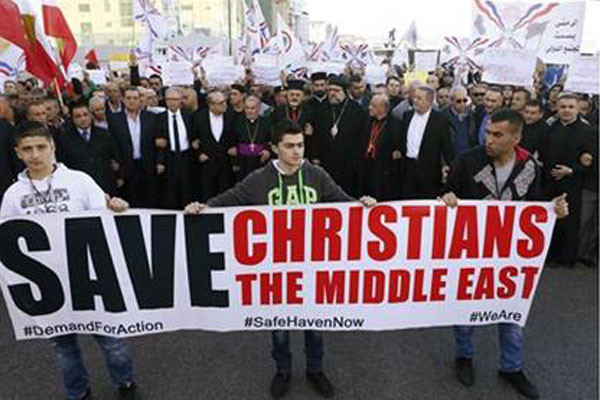 ▲ 테러조직 ISIS에 의해 시리아, 이라크 지역 기독교도들이 박해받는 데 반대하는 시위 장면. ⓒ이스라엘 내셔널 뉴스 보도화면 캡쳐