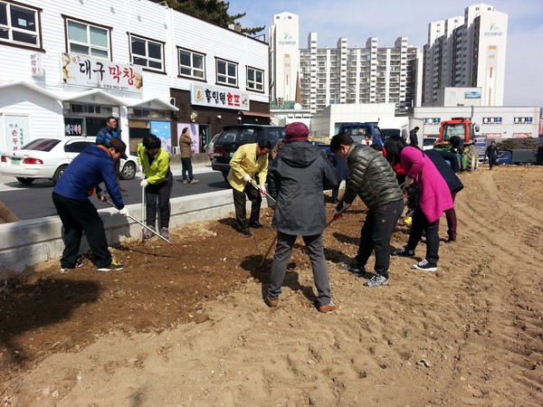 ▲ ⓒ뉴데일리양산시 소주동은 공무원과 소주동주민자치위원회 위원 등 40여명이 참석한 가운데 지난 3월 2일 소주동 335-9 일원 유휴지 1,487㎡(450여평)에 꽃양귀비 종자 파종