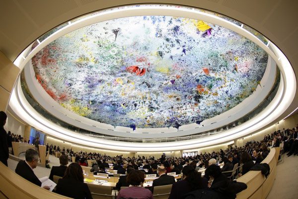 스위스 제네바에 있는 유엔 인권이사회 본부 회의장. 지난 3일(현지시간) 남북 대표는 기조연설에서 설전을 벌였다. ⓒ휴먼라이트워치 홈페이지 캡쳐