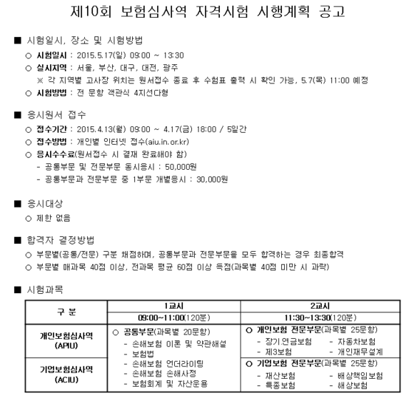 ▲ 보험연수원은 제 10회 보험심사역 자격시험이 5월 17일날 시행된다고 4일 밝혔다. 사진은 시행공고안. ⓒ보험 연수원 제공