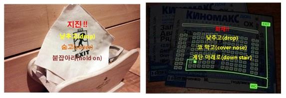 ▲ ▲ 안전처에 접수된 아이디어 사진. 냅킨, 영화 티켓 등에 대피방법을 단순·명료하게 표시해, 비상시 사용자가 신속히 대피할 수 있도록 했다. ⓒ국민안전처