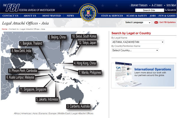 ▲ 동아시아 지역에 개설돼 있는 美FBI 지국들. 한국은 아시아에서 열번째로 지부가 개설됐다. ⓒ美 FBI 홈페이지 캡쳐