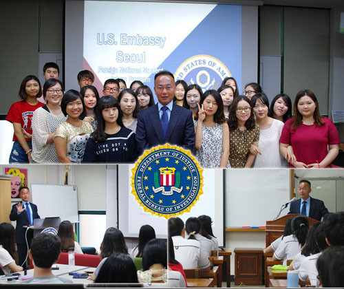 ▲ 현재 FBI 한국지부장 진 김. 부산의 한 대학을 찾아 학생들에게 강의를 한 뒤 찍은 기념사진이다. ⓒ美대사관 공식 트위터 캡쳐