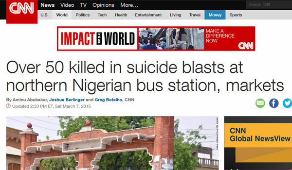 ▲ AP, AFP, CNN 등 외신들은 나이지리아 동북부 마이두구리에서 자살폭탄테러가 일어났다고 전했다. ⓒCNN 관련 속보화면 캡쳐