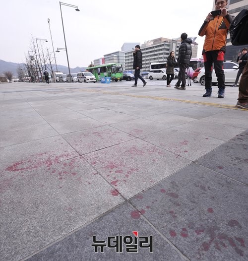 ▲ 민화협이 주최한 조찬행사에서 우리마단 대표 김기종씨에 의해 습격받은 마크 리퍼트 주한미국대사가 흘린 선혈이 세종문화회관 인근에 남아있는 모습. ⓒ뉴데일리 정재훈 기자