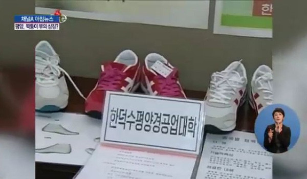 ▲ 지난해 北선전매체가 자랑해댄 신형 운동화. 일본 브랜드 '아식스'의 것을 베낀 제품으로 보인다. ⓒ北선전매체 보도화면 캡쳐