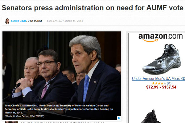 ▲ 美언론들은 테러조직 IS 격퇴를 위한 무력사용권에 대해 논의한 美상원 청문회 소식을 일제히 보도했다. ⓒ美USA투데이 보도화면 캡쳐